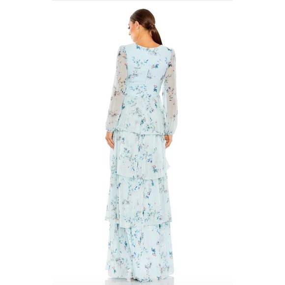 Anthropologie Mac Duggal Ruffled Floral Print Illusion Long Sleeve Gown Dress 14 - Picture 5 of 9